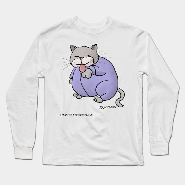 Cat in Purple Pajamas Licking Its Paws Long Sleeve T-Shirt by cartoonistnate